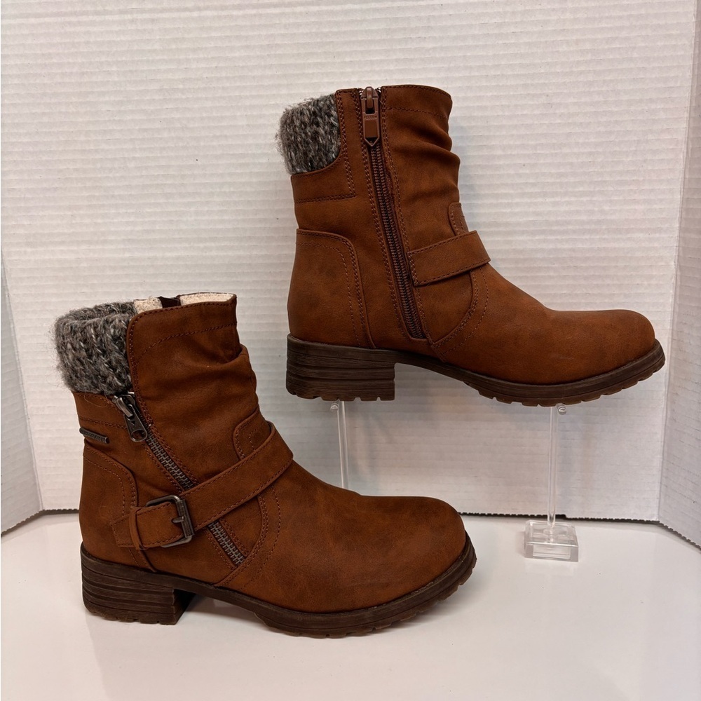 Yellow Brown Knit Cuff Buckle Combat Ankle Boots - Picture 3 of 10